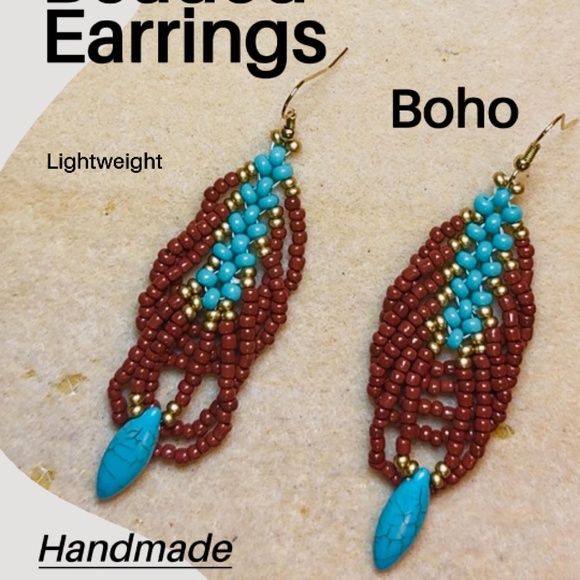 Native Indian Turquoise and Dark Red Beaded Earrings - Picture 1 of 3